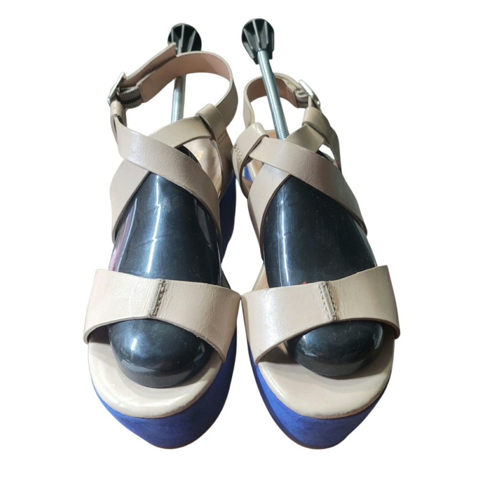 Pour La Victoire Blue and Cream Suede and Leather Platform Sandals Size 10